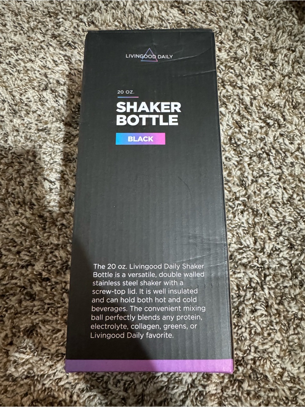 Livingood Daily 20oz Stainless Steel Shaker Bottle Black Insulated Protein Mixer